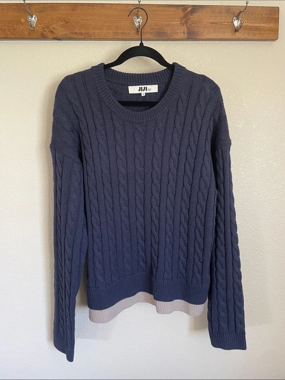 Navy Blue Wool Blend Chunky Cable Knit Crewneck Sweater M Fisherman Relaxed